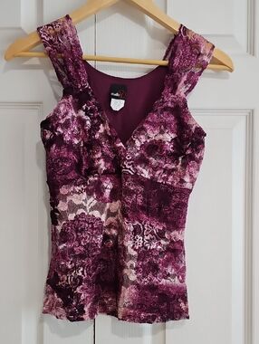 🌺 Studio Y Plum Floral Lace Tank Top | Sheer Overlay | Size S